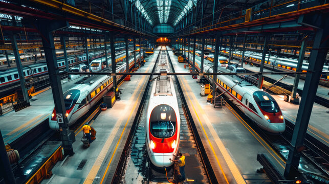 High-Speed Trains in Modern Maintenance Depot. Multiple high-speed trains stationed in a modern maintenance depot, highlighting advanced transportation infrastructure and efficient design.