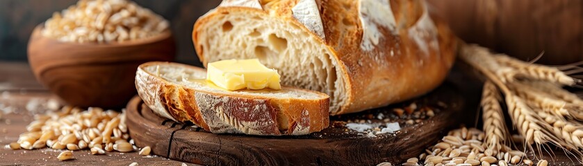 A Freshly baked artisan bread sliced open with a generous amount of butter, set on a rustic wooden board surrounded by wheat and grains