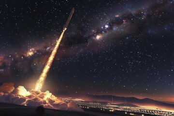 hyperrealistic rendering of a rockets fiery ascent leaving a spiraling trail of iridescent exhaust against a starfilled night sky distant city lights twinkling below