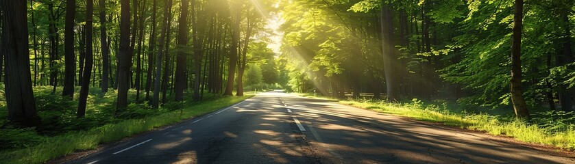 Fototapeta premium A serene highway stretches invitingly through a lush green forest, with sunlight dappelling the road and vibrant trees on a clear day