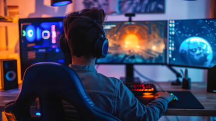 Gamer Playing Video Games at Night. A dedicated gamer wearing headphones is engrossed in a video game on a high-tech setup with multiple screens, surrounded by ambient lighting.