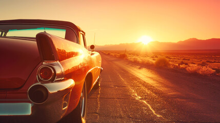 Fototapeta premium Classic Car on Desert Road at Sunset. A vintage red car parked on an empty desert road with the sun setting behind the distant mountains, casting a warm glow over the scene.