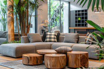 A living room with a couch and a coffee table. The couch is gray and has pillows on it. The room has a cozy and comfortable atmosphere