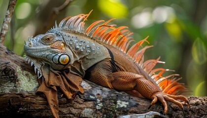 Obraz premium Close-Up of Iguana on Tree Trunk in Natural Habitat