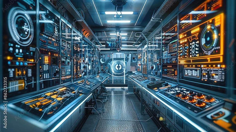 Aufkleber The engineer workspace is filled with advanced machinery and control panels, demonstrating the meticulous process of interface design and the importance. Generative AI.