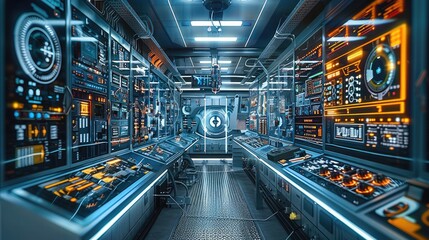 The engineer workspace is filled with advanced machinery and control panels, demonstrating the meticulous process of interface design and the importance. Generative AI.
