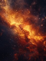 Fototapeta premium A space filled with orange and yellow stars and clouds. The orange and yellow colors give the impression of a warm and inviting atmosphere