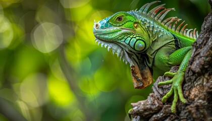 Fototapeta premium Detailed Close-Up of a Vibrant Green Iguana Perched on a Tree Branch