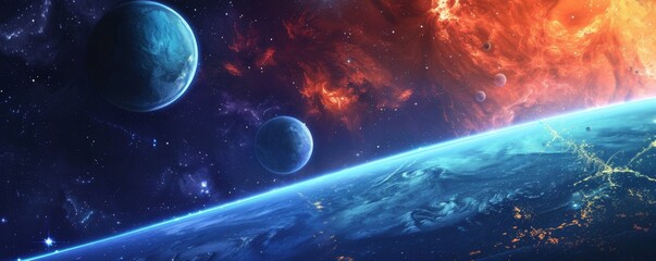 Colorful planets and moons in outer space with a vibrant cosmic background