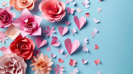 Sweet paper background in origami style paper flowers and hearts. Happy mother's day theme. Generative AI