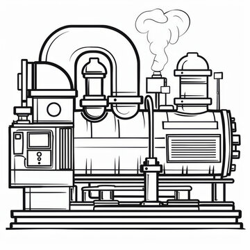recommend clip art: Intricate black and white line art illustration of a steam engine machine with visible pipes and gauges.