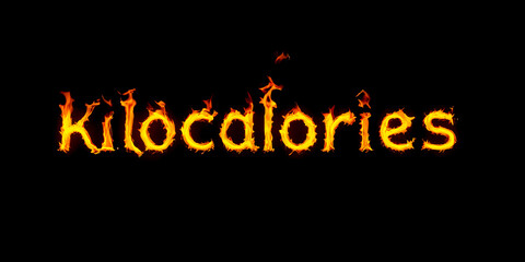 Text kilocalories in flame and fire on solid background