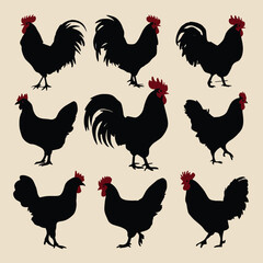 Rooster Chicken Silhouette Vector, Hen Silhouette Clip Art In Different Poses
