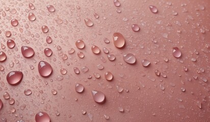 Water droplets scattered on a pink surface closely