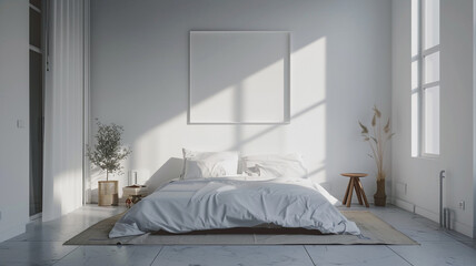 Modern interior design of a bedroom with white walls, a mockup