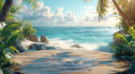 Showcase products on a wooden podium with a sunny tropical beach backdrop. Generative AI.