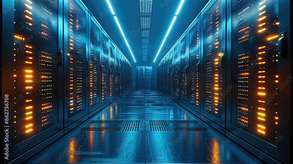 Poster Servers in the modern data center, in the style of dark cyan and light amber. Generative AI.