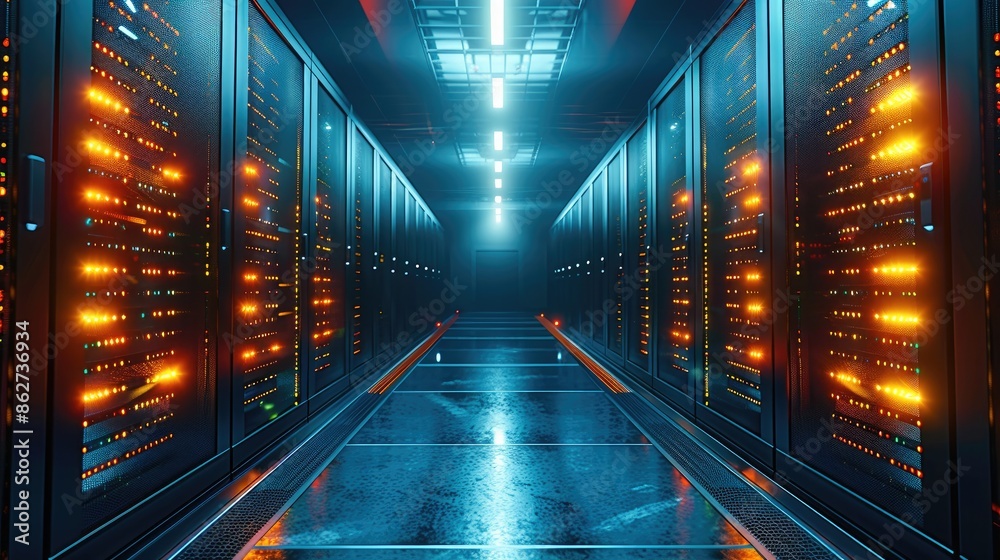 Aufkleber servers in the modern data center, in the style of dark cyan and light amber. generative ai.