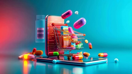 Online pharmacy concept with pills in a shopping cart on a smartphone screen, representing digital healthcare and e-commerce.