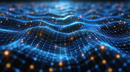 Abstract Blue and Orange Wavy Grid Background with Glowing Lights for Technology, Innovation, and Digital Concepts