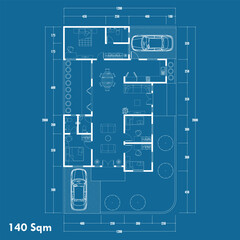 Floor plan blueprint type 140 sqm, Figure of the jotting sketch of the construction and the industrial skeleton of the structure and dimensions. vector eps 10
