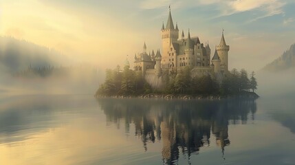 Fototapeta premium A fairytale castle on an island in a misty lake.