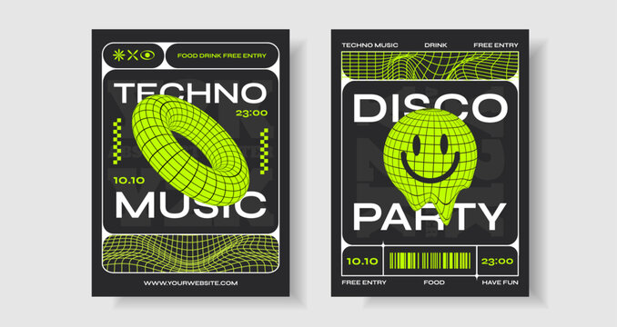 Y2k techno acid rave posters with trendy abstract elements, patterns and wireframe shapes in psychedelic style. 3d shape elements in neon green. Streetwear vector design.