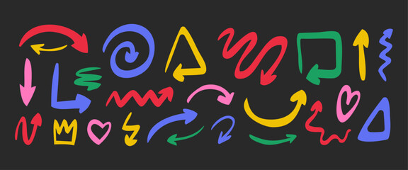 Hand-drawn doodle arrow and direction pointers. Pencil drawn rough elements. Graffiti doodle arrows in grunge punk style and in different directions.