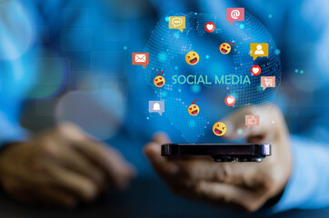 Concept of social media communication and digital online, people use smartphone playing with icon...