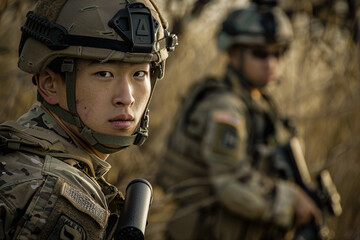 Portrait of a soldier with a weapon during a military operation made with generative AI