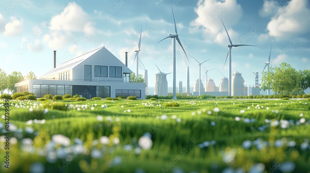 Poster on the grass in the distance are many modern technology factories that use clean energy for heating.