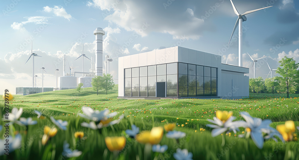 Aufkleber on the grass in the distance are many modern technology factories that use clean energy for heating.