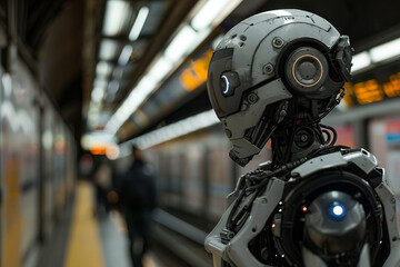 Fototapeta premium Generative AI creative picture Robot cyborg in activities of daily life routine living together with people