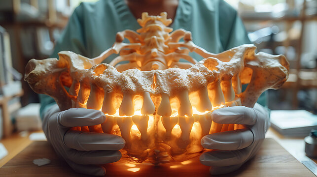 Closeup of doctor hand in gloves holding a glowing wooden clavicle model showing the sternal and acromial ends