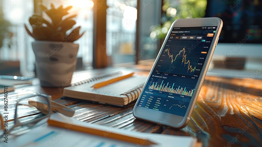 Leinwandbilder modern table and on the table there is a phone with stock market chart open on the phone, bills and 