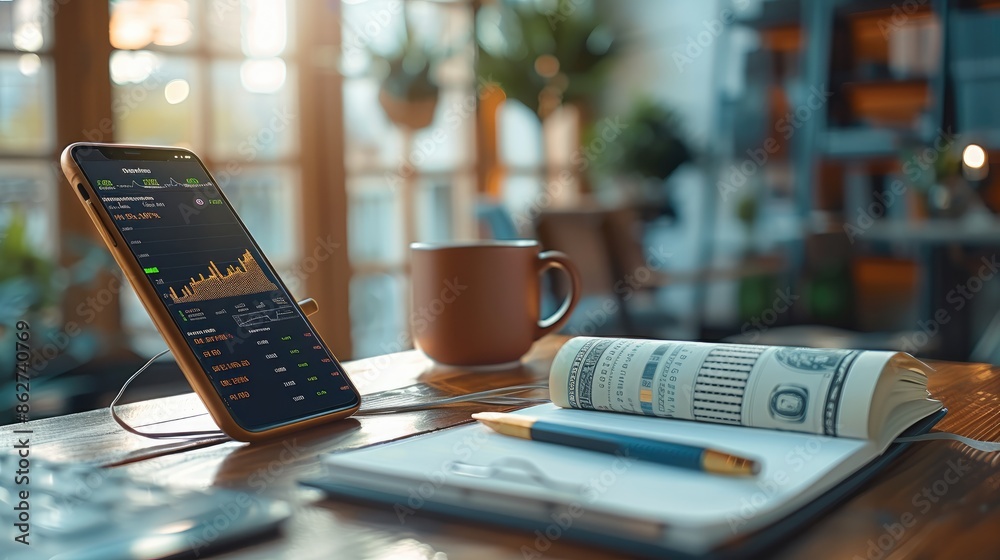 Fototapete modern table and on the table there is a phone with stock market chart open on the phone, bills and 