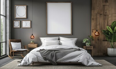 Modern bedroom with an empty frame on the nightstand