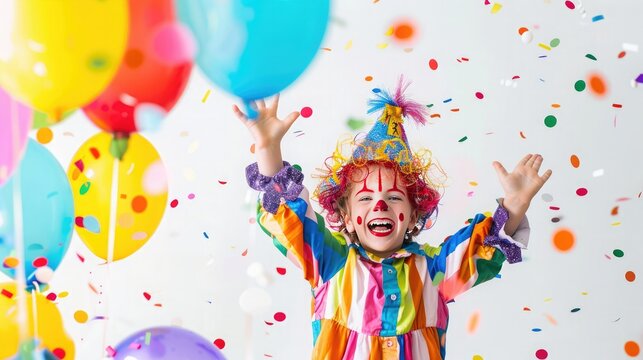 Cheerful clown celebrating surrounded by colorful balloons and confetti, bringing joy and laughter.