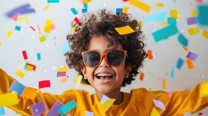 Happy child with curly hair and sunglasses celebrating with colorful confetti in bright indoor setting.