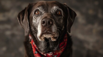 Obraz premium A close up portrait of a senior dog with brown fur and brown eyes.