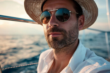 Luxury boat yacht shop cruise liner traveling through sea ocean teal water, Generative AI