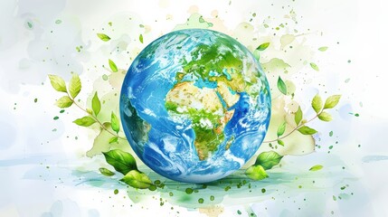 Earth Globe Surrounded by Watercolor Green Leaves and Splashes