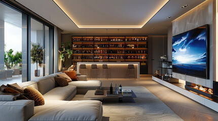 Sophisticated large living room with elements, large multi-media area with plasma panel, bar counter and shelves with bar, minimalistic lighting system on the ceiling, bright elegant. Generative AI.