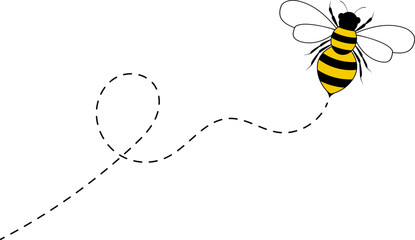 Bee flying path. A bee flying in a dotted line. The flight path of bee. Bee flying on a dotted route. Hand drawn bees. Vector illustration.