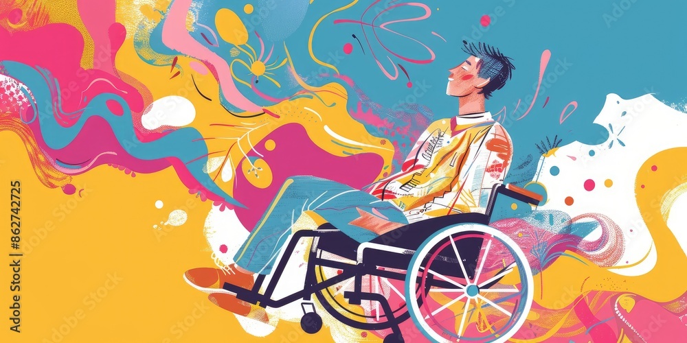 Wall mural colorful illustration of man in wheelchair