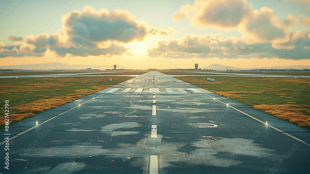 Poster A airport runway, with the runway running tangentially horizontally from left to right across the image. Generative AI.