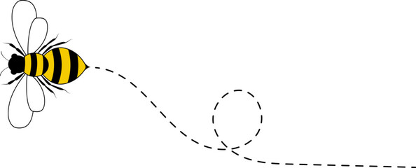Bee flying path. A bee flying in a dotted line. The flight path of bee. Bee flying on a dotted route. Hand drawn bees. Vector illustration.