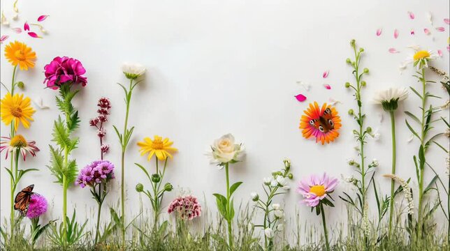 Flowers and grass with butterflies on white background. Seamless looping time-lapse 4k video animation background