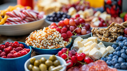 A close-up of a festive, patriotic-themed charcuterie board, filled with red, white, and blue snacks and treats.
