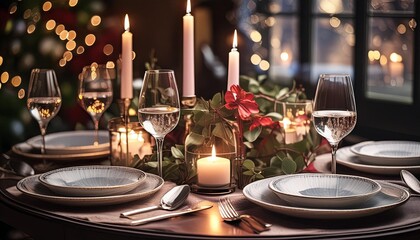 Romantic dinner setup with candles and wine glasses.